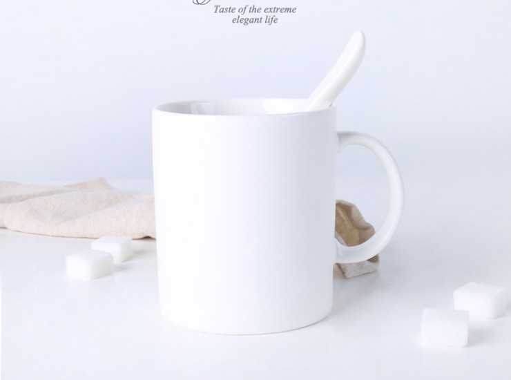 陶瓷骨瓷馬克杯 簡約純白色釉磨砂馬克杯帶勺 咖啡廳定制