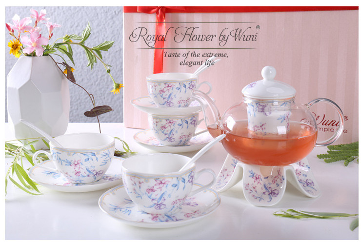 陶瓷骨瓷水具套裝 歐式創意陶瓷玻璃水果花茶壺 下午茶咖啡杯碟勺過濾茶具禮品套裝