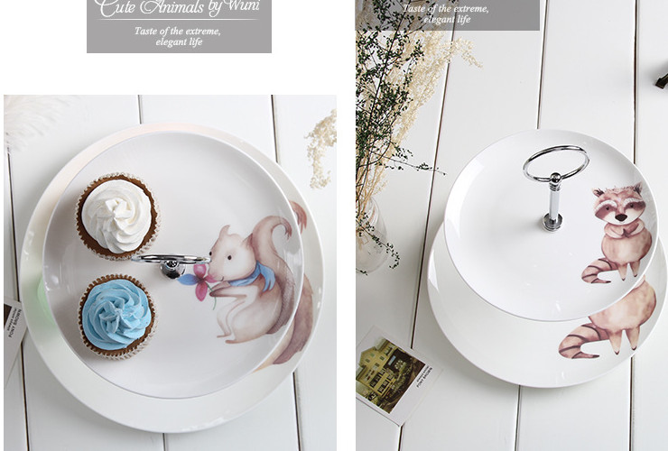 陶瓷骨瓷西餐盤 創意卡通動物骨瓷雙層盤子 歐式陶瓷餐具糕點點心盤果盤套裝批發