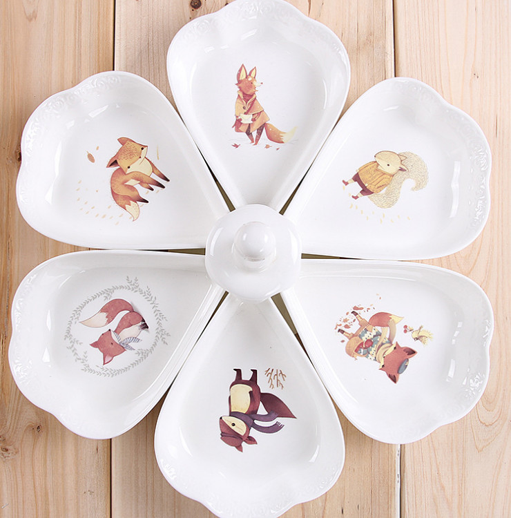 陶瓷骨瓷西餐盘 创意卡通动物陶瓷多格点心水果拼盘 欧式家装干果零食分隔盘批发