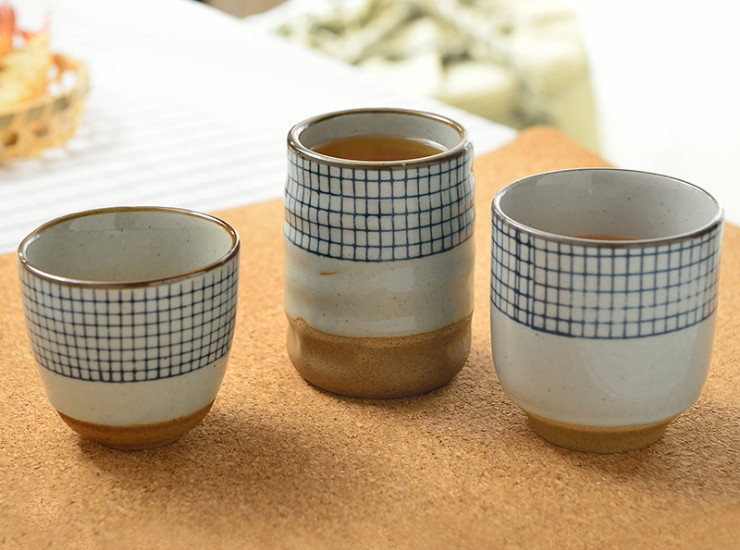 陶瓷杯日韓式湯吞杯茶杯粗陶陶瓷手繪杯格子創意和風陶瓷茶杯