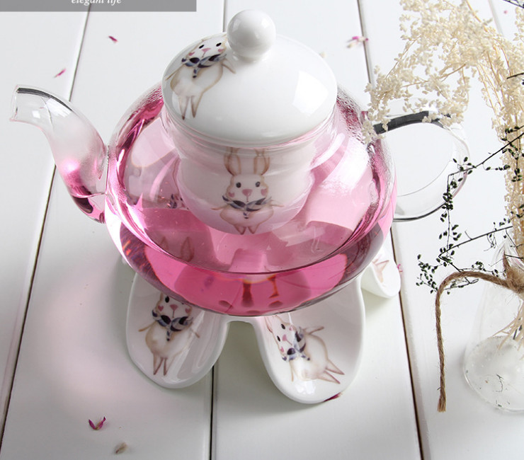 陶瓷花茶壺 歐式花茶壺蠟燭加熱 創意玻璃壺陶瓷過濾底座套裝水果花茶具批發