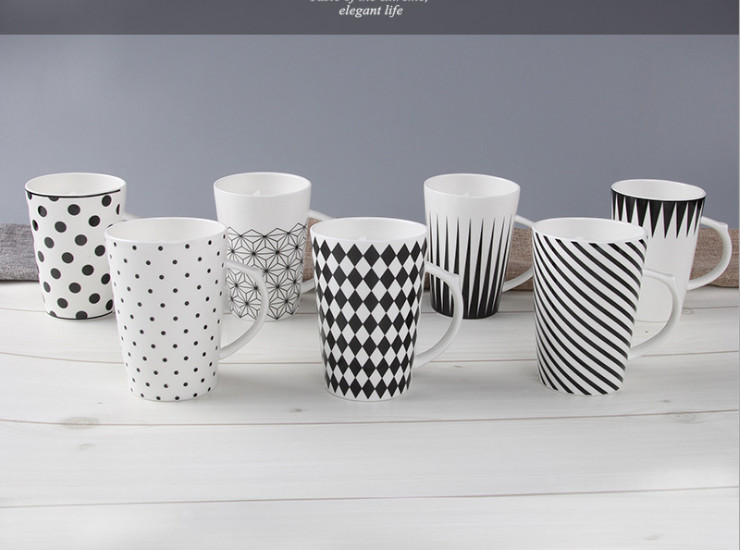 陶瓷骨瓷馬克杯 黑白幾何陶瓷杯子 大容量馬克杯骨瓷咖啡杯創意潮流簡約