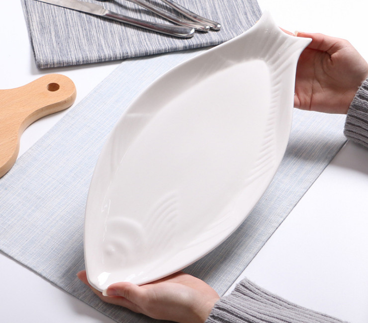 陶瓷純白橢圓16英吋純白浮雕魚盤 家用菜盤蒸魚盤子 酒店餐具陶瓷盤