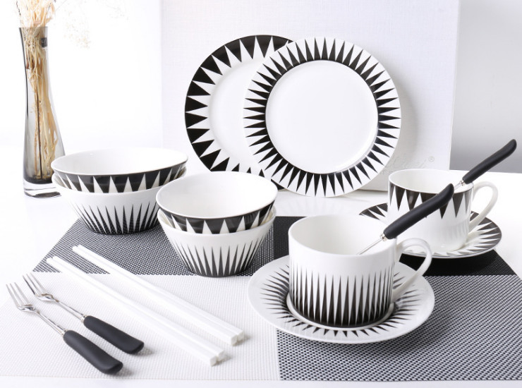 陶瓷餐具套裝 20頭黑白簡約高檔骨瓷餐具套裝 歐式創意陶瓷盤碟碗筷子婚慶禮品