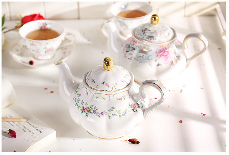 陶瓷茶壺 英式花卉下午茶咖啡壺冷水壺 歐式花邊描金骨瓷紅茶壺涼水壺批發