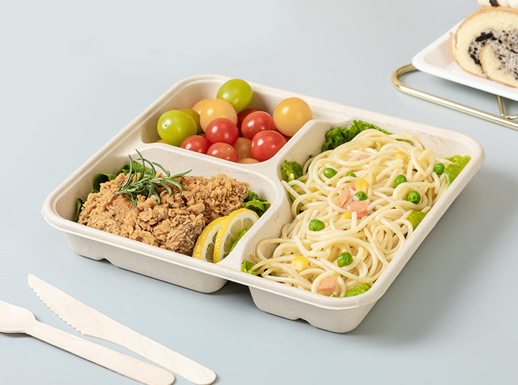 (Eco-friendly Biodegradable Compartmented Paper Pulp Dinner Plates In Stock) Three/Four Compartments For Dine-In And Take-Out Bagasse Pulp Compartmented Dinner Plates 1200ml