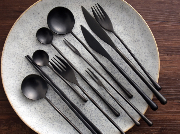 創意304不銹鋼復古黑色西餐具套裝三件套牛排刀叉咖啡勺水果叉