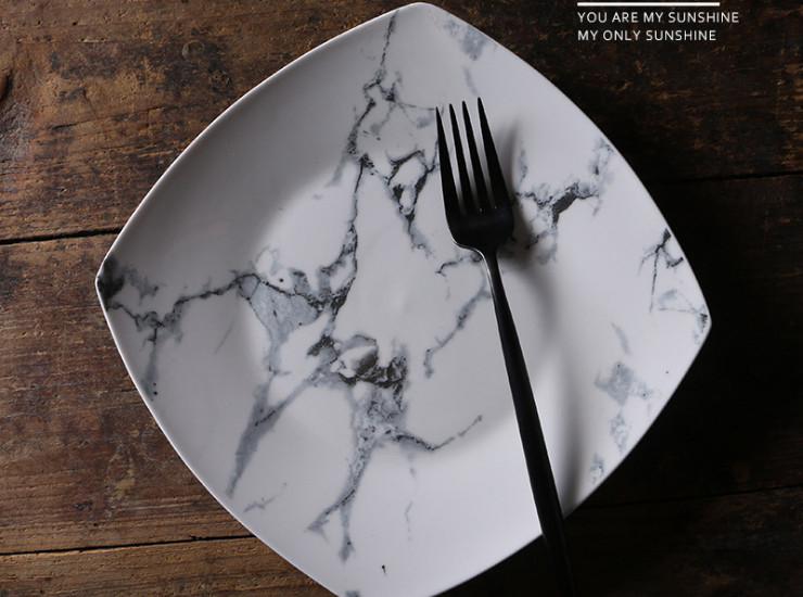 创意陶瓷盘子 9英吋方形石纹盘家用沙拉盘酒店碗盘碟餐具