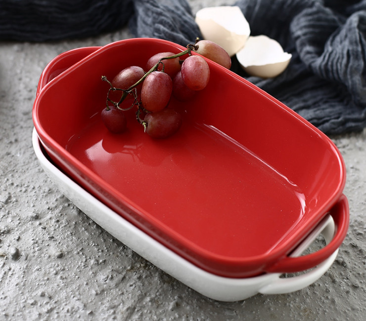 創意橢圓陶瓷雙耳烤盤家用湯盤紅白耐高溫焗飯盤長方形芝士蛋糕盤