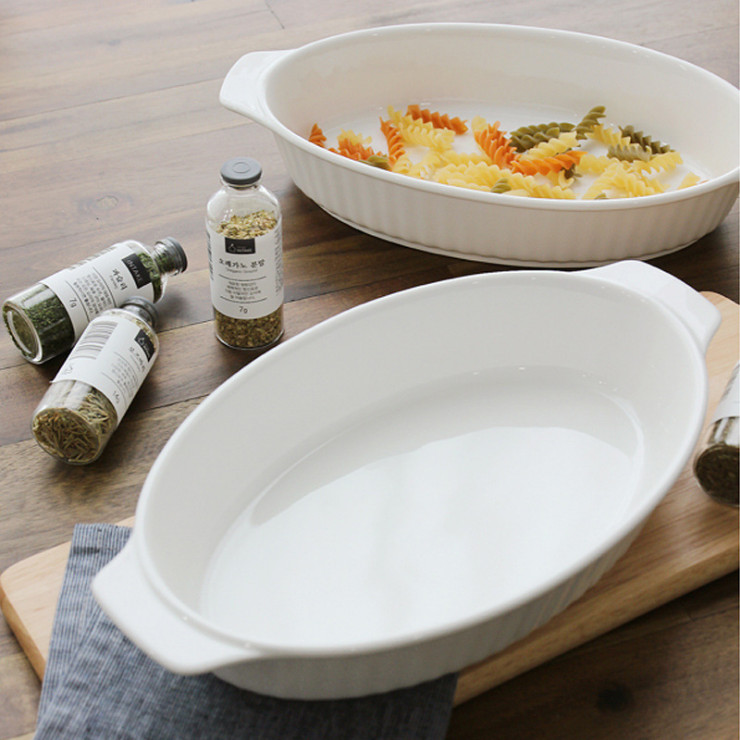 創意純白烘焙西餐具 歐式條紋烤碗簡約橢圓形雙耳焗飯碗