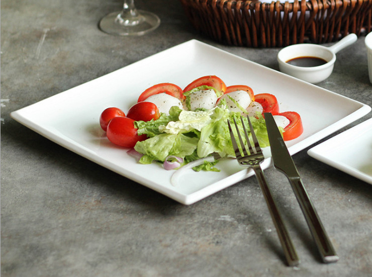創意純白陶瓷西餐具簡約四方形淺盤早餐盤牛排平盤餐廳酒店