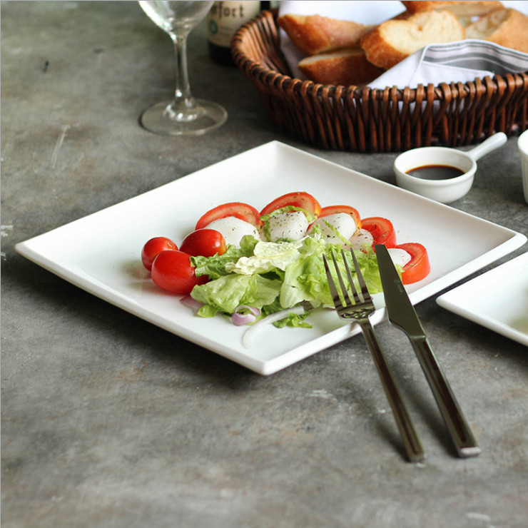 創意純白陶瓷西餐具簡約四方形淺盤早餐盤牛排平盤餐廳酒店