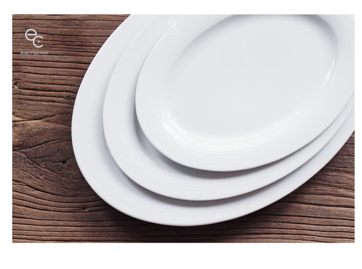 創意白色陶瓷盤寬邊螺紋橢圓形平盤大號魚盤菜盤酒店擺盤