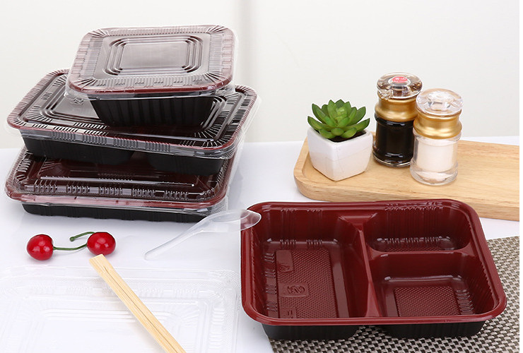 一次性餐盒快餐外賣打包盒紅黑兩格三格四格帶蓋長方塑料飯盒分格 (包運送上門)