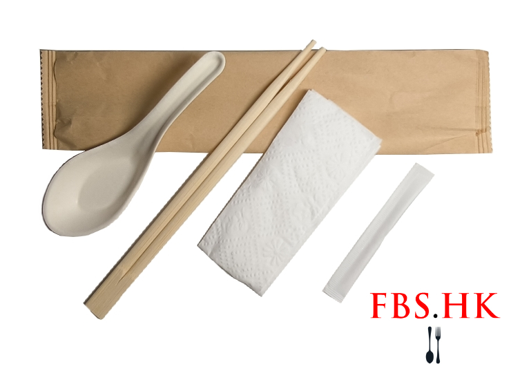 (Environmentally-friendly Biodegradable Paper Pulp Chinese Spoon Chopsticks Set) Kraft Paper Packed Chopsticks + White Sugar Cane Pulp Chinese Spoon + Napkin + Toothpick Four-Piece Set