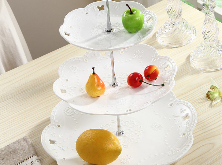 欧式蝴蝶白色浮雕三层盘 水果蛋糕盘 下午茶点心盘 时尚创意婚庆生日