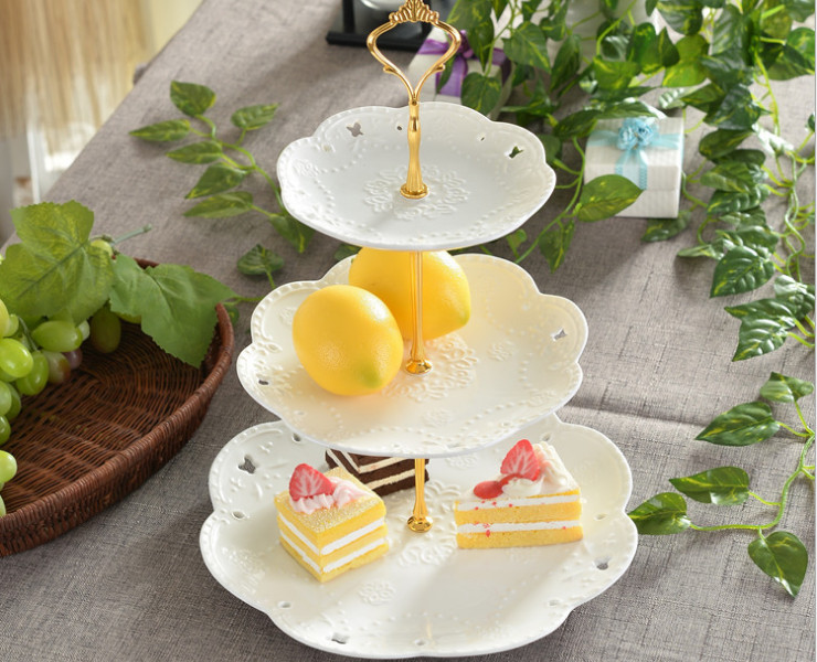 欧式蝴蝶白色浮雕三层盘 水果蛋糕盘 下午茶点心盘 时尚创意婚庆生日