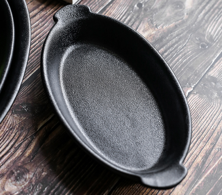 歐式黑色陶瓷創意雙耳烤盤烘焙芝士橢圓焗飯盤西餐盤 烤盤 - 關閉視窗 >> 可點按圖像