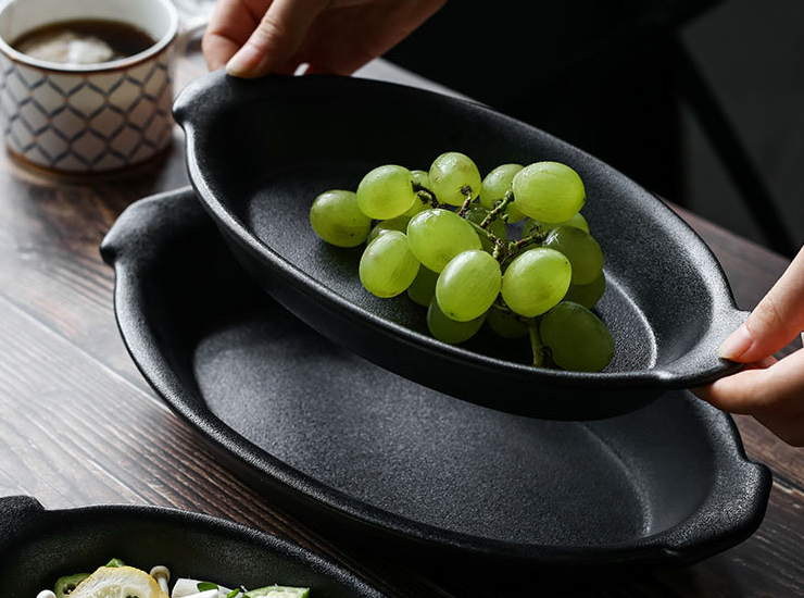 歐式黑色陶瓷創意雙耳烤盤烘焙芝士橢圓焗飯盤西餐盤 烤盤