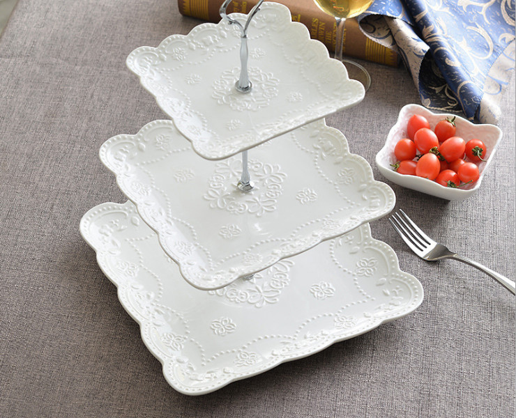 歐式西餐盤浮雕方盤陶瓷水果盤三層點心盤蛋糕盤