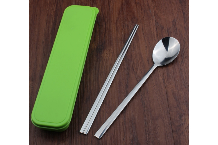 Korean-style 304 Stainless Steel Solid Flat Chopsticks Spoon Easy-carry Tableware Box