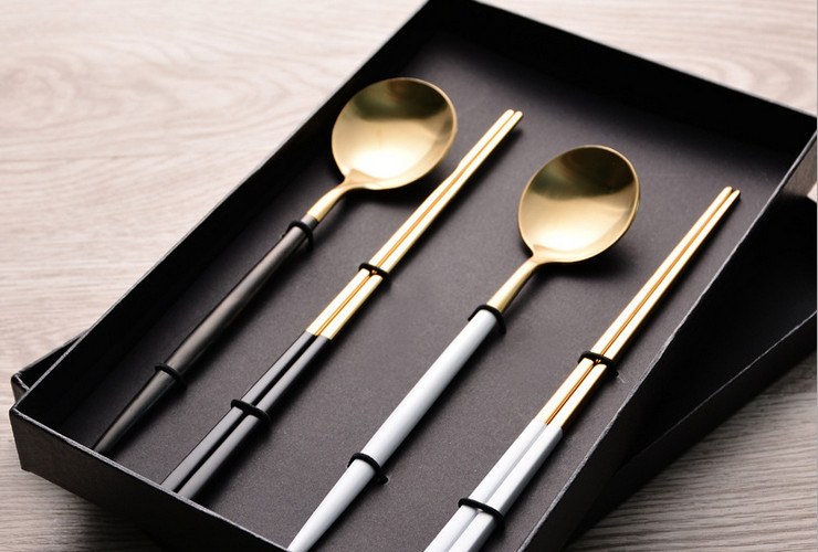 304不銹鋼筷子白金筷勺套裝 韓式防滑黑金筷子勺子定制禮品套裝