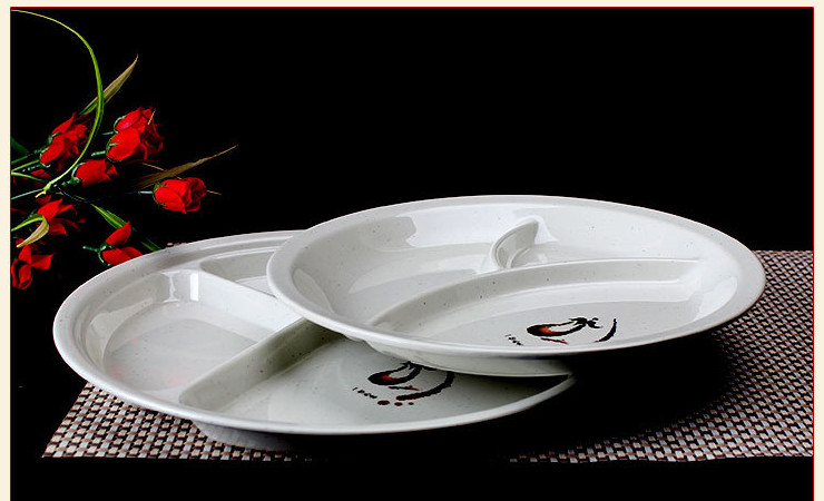 A5密胺仿瓷餐具三格茄子花分格食堂快餐盤 創意拼盤果盤點心盤