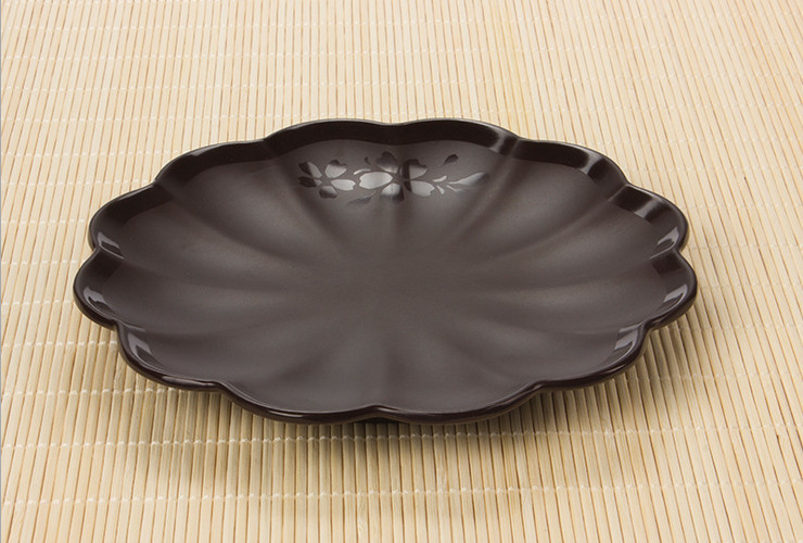 High-class A5 Melamine Brown Matte Cherry Ceramic-like Wave-side Round Plate