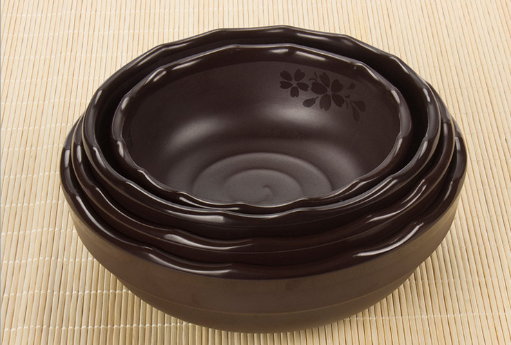 高档A5棕色密胺磨砂樱花仿瓷直边花边螺纹个性面碗塑料汤碗