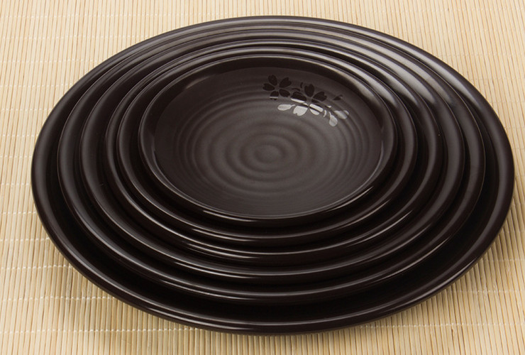High-class A5 Melamine Brown Matte Cherry Ceramic-like Screw-pattern Flat Plate Rice Plate