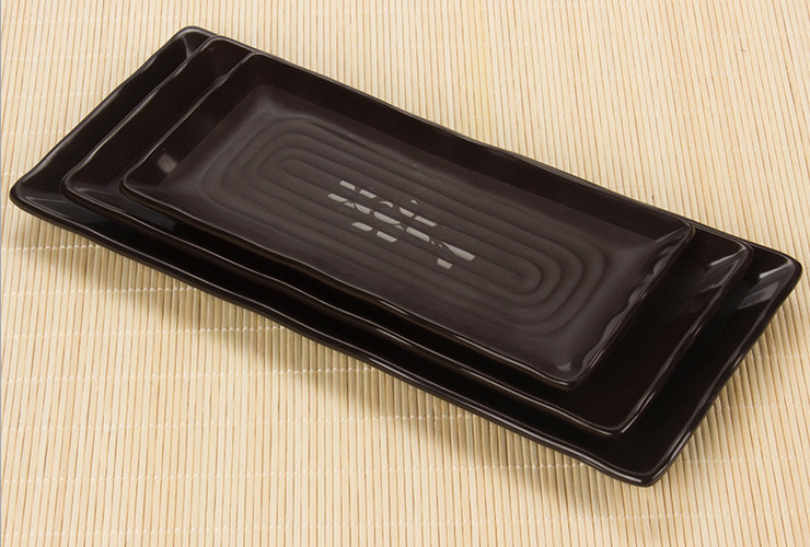 High-class A5 Melamine Brown Matte Cherry Ceramic-like Rectangular Stripe-pattern Korean Food Plate