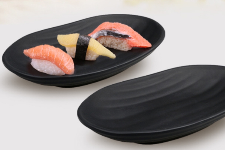 A5 High Class Melamine Sushi Plate Black Matte Ceramic-imitated Japan Korea Style Oval Snack Plate Melamine Scientific Porcelain Tableware