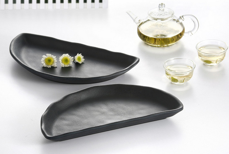 Ceramic-like Melamine Black Frosted Half-moon Plate Hotpot Food Sushi Plate