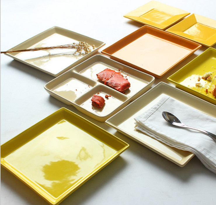 色釉簡約陶瓷餐具方形盤餐具早餐分格餐盤 三格菜盤沙拉平盤