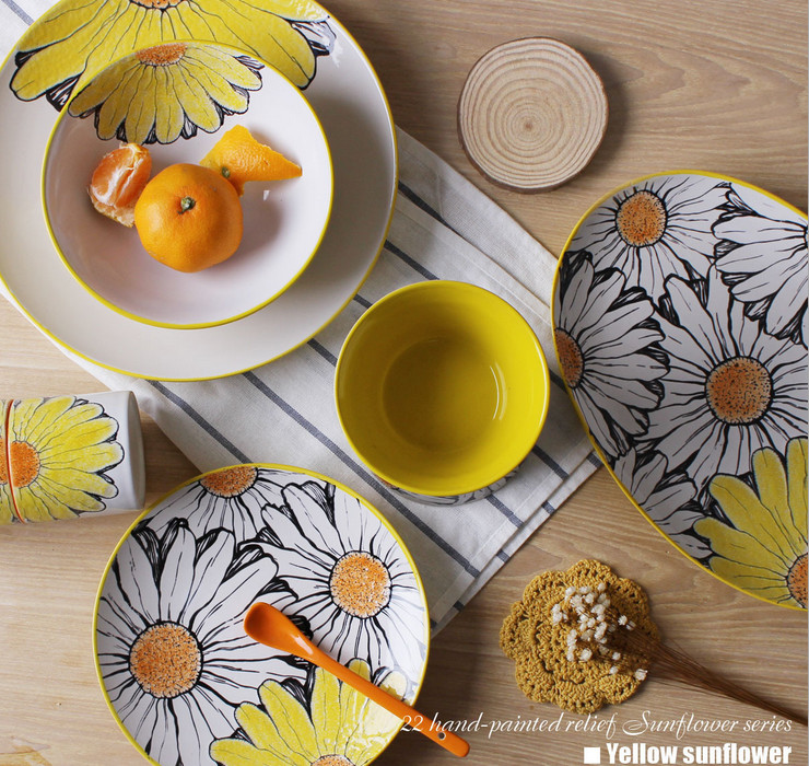 (訂製) 色釉簡約陶瓷餐具太陽花陶瓷餐具22頭套裝套裝 酒店餐廳盤子杯子飯碗