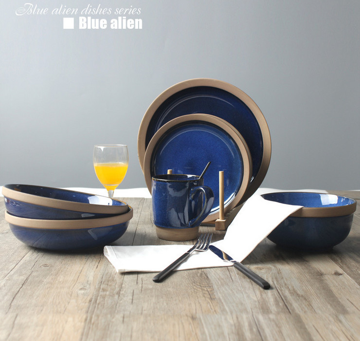 色釉簡約陶瓷餐具創意藍色釉陶瓷大圓盤子碗杯套裝