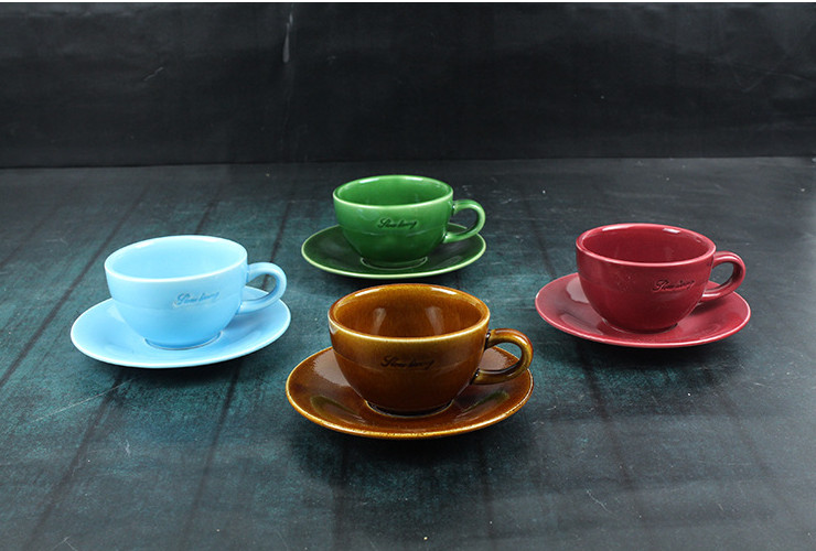 厚實咖啡杯套裝 250ml咖啡廳甜品店用具 陶瓷杯+碟套裝 四色可選