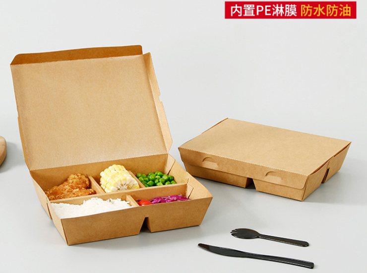 (Instant-Take Disposable 5-Compartment Kraft Paper Biodegradable Lunch Box Packaging Box Ready Stock) Fried Chicken Barbecue Takeaway Salad Lunch Box