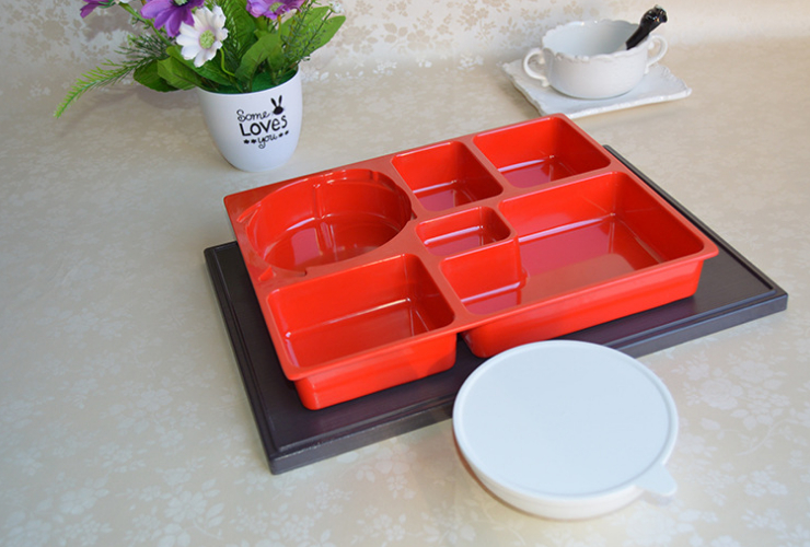 日式带盖商务便当套餐盒带筷子勺子微波炉分格长方形送餐密胺饭盒