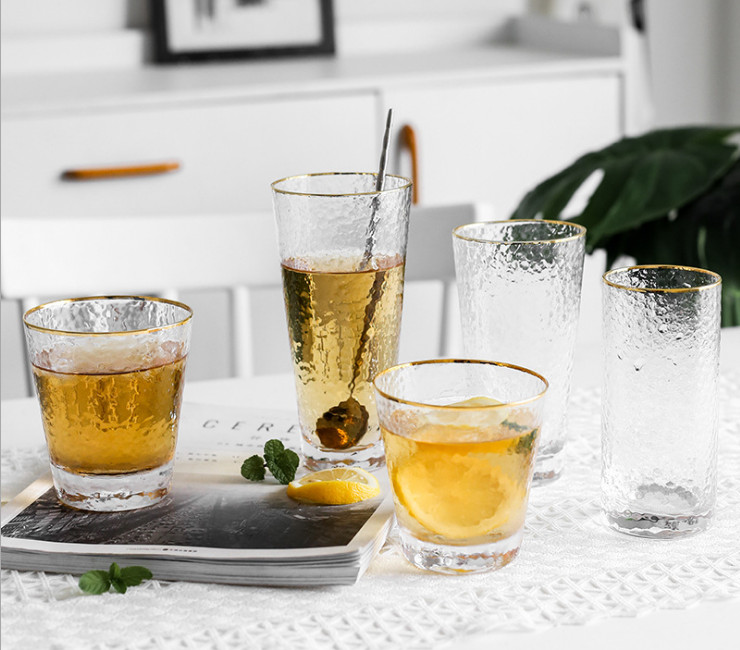日式金邊錐目紋玻璃杯 家用透明喝水杯酒杯花茶杯飲料杯子奶茶杯