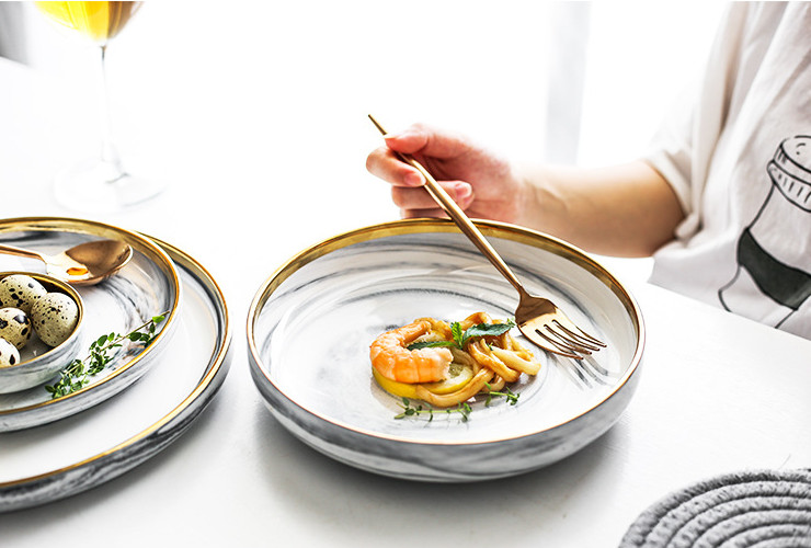 大理石紋金邊陶瓷西餐具套裝米飯碗家用深湯盤菜盤子麵湯碗