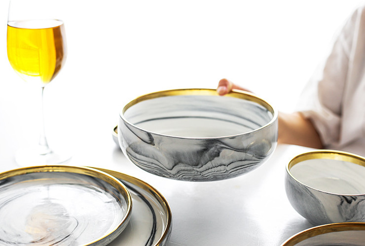 大理石紋金邊陶瓷西餐具套裝米飯碗家用深湯盤菜盤子麵湯碗