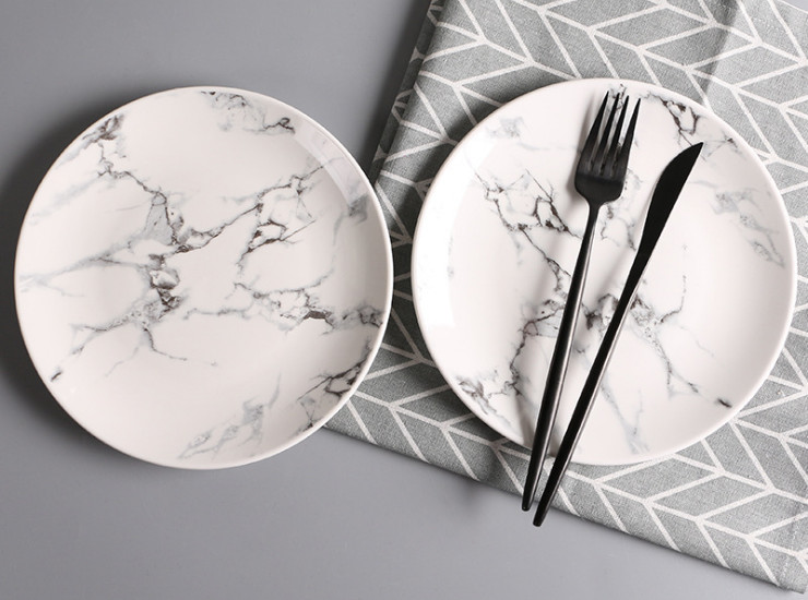 大理石纹餐具8英吋陶瓷盘子家用餐盘沙拉盘创意碗盘碟套装礼品