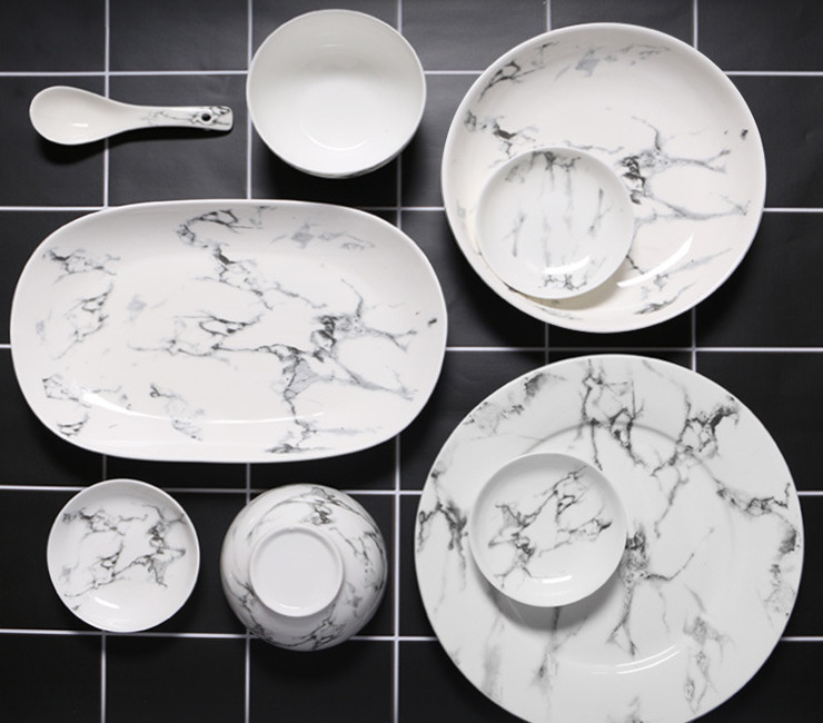 大理石紋陶瓷餐具家用盤子湯碗湯勺酒店碗盤碟套裝