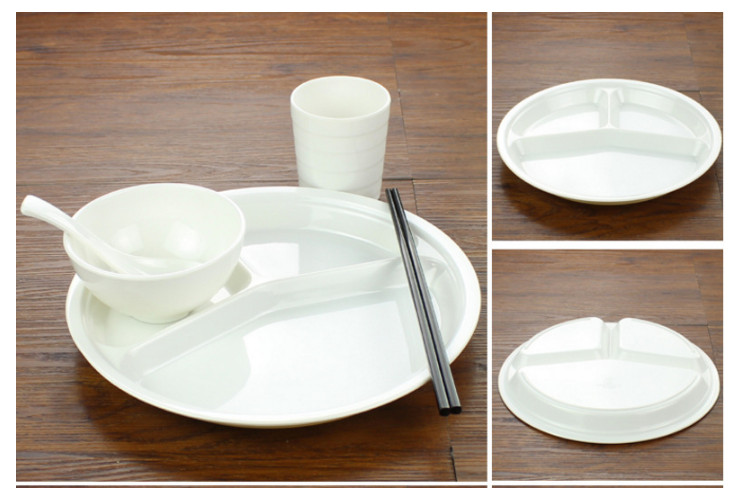 密胺仿瓷餐具 快餐盤分格塑料盤子彩色三格餐盤學生食堂飯盤圓盤