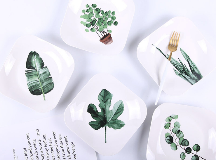 北欧ins餐具绿植陶瓷盘子创意方盘碗盘碟套装家用西餐牛排水果盘