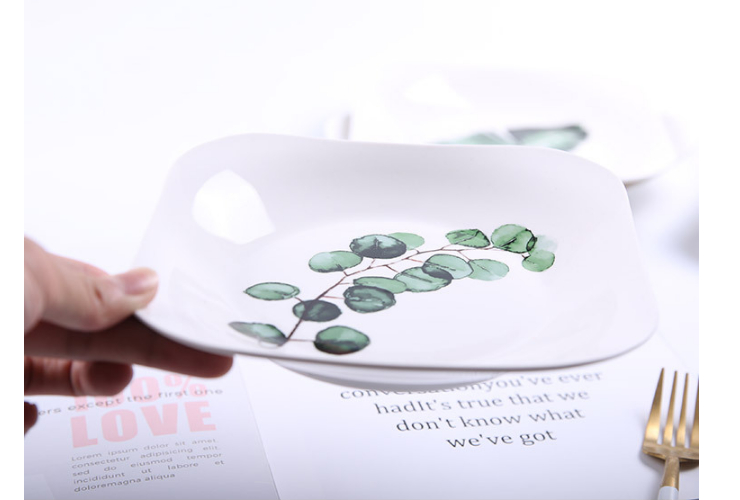 北歐ins餐具綠植陶瓷盤子創意方盤碗盤碟套裝家用西餐牛排水果盤