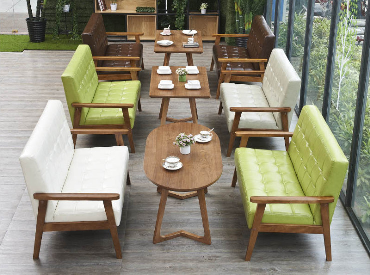 北歐簡約日式咖啡廳皮沙發雙人單人茶几桌椅組合休閒洽談實木沙發 (運費另報)