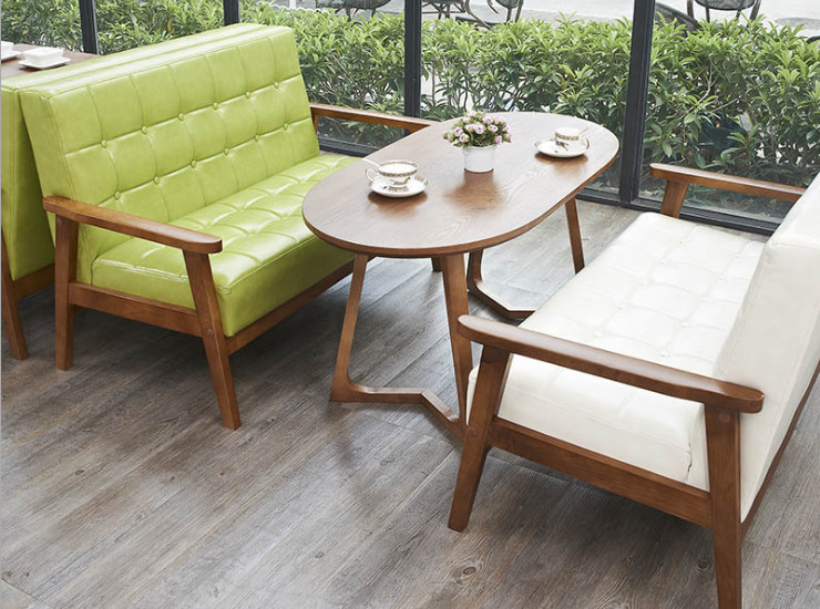 北欧简约日式咖啡厅皮沙发双人单人茶几桌椅组合休闲洽谈实木沙发 (运费另报)